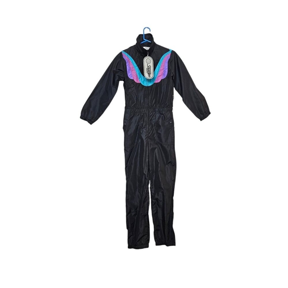 NWT Vintage Women’s Snuggler Ski Suit One Piece Size 8 Black Teal Purple Pink
